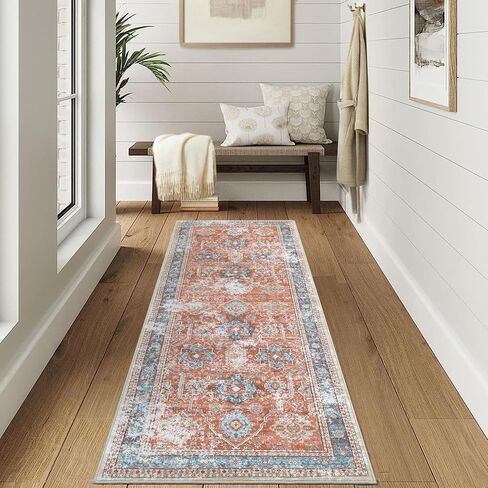 Washable Runner Rug 2x6 Runners for Hallways Non Slip Bathroom Rugs Vintage Area Rug Soft Bedroom Rug Farmhouse Throw Rugs Kitchen Rugs Entryway Rugs Stain Resistant Carpet 2'x6' Terracotta in Saudi Arabia