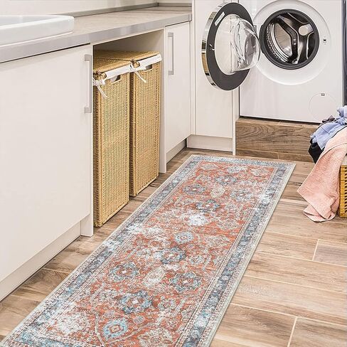 Washable Runner Rug 2x6 Runners for Hallways Non Slip Bathroom Rugs Vintage Area Rug Soft Bedroom Rug Farmhouse Throw Rugs Kitchen Rugs Entryway Rugs Stain Resistant Carpet 2'x6' Terracotta in Saudi Arabia