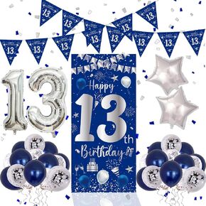16th Birthday Decorations for Boys Girls, Blue Silver Happy 16th Birthday Decorations Door Banner 32" Number 16 Foil Balloon 33PCS Balloons Triangle Flag Sweet 16 Year Old Birthday Party Sign Supplies in Kuwait
