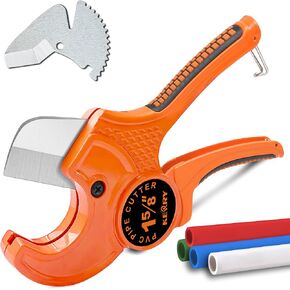 Kerry PVC Pipe Cutter, Up to 2-1/2" Ratcheting Heavy-Duty PEX POLY PE Plastic Hoses and Plumbing Tube Cutting Tool, Stainless Steel Blades, Thicken Aluminum Body Efficient Extended Handle