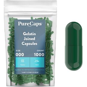 Purecaps USA - Size 000 Empty Green Gelatin Pill Capsules - Fast Dissolving and Easily Digestible - Preservative Free with Natural Ingredients - (1,000 Joined Capsules)