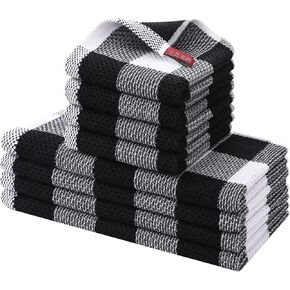 Homaxy Kitchen Towels and Dishcloths Set, 12 x 12 and 13 x 28 Inches, Set of 8 Bulk Cotton Waffle Weave Check Plaid Kitchen Towels, Super Soft and Absorbent Dish Towels, White & Black