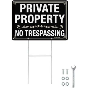 GicnKeuz Large No Trespassing Signs Private Property Sign with H-stakes, 14"×10" Aluminum Sign, Including Screws, Fade Resistant/Waterproof, Easy to Install, Outdoor Use (2 Pack)