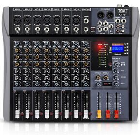Audio Mixer Froket CT-8 Professional 8-Channel Audio Interface, DJ Console with Bluetooth USB, Sound Mixing Console and Audio Console for Karaoke Wedding Party Recording Broadcast