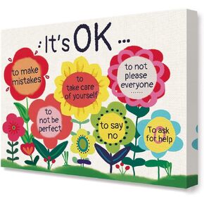 It's OK Colorful Flowers Inspirational Quote Canvas Framed Wall Art, Cute Motivational Canvas Framed Print for Teens Girls Home Bedroom Dorm Office Wall Decor 15" x 12"