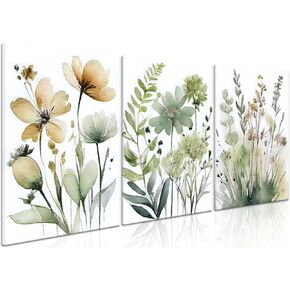 Framed Boho Floral Wall Art Set of 3 Sage Minimalist Green Poster Wall Decor, Watercolor Botanical Prints Canvas Wall Art Painting Floral Wildflower Picture for Bedroom Bathroom living Room 12x16 In