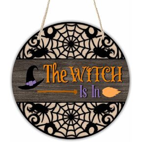 Halloween Welcome Wooden Decoration-The Witch Is In With Witch Hat & Spiderweb Hanging Decor With A Rope-Indoor Welcome Hanging Sign Plaque-Halloween Round Wall Hanger For Home-A10