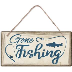 SUPERDANT Gone Fishing Sign PVC Plaque Colorful Hanging Door Sign Rustic Door Plate with Jute Twine Funny Wall Door Decor for Front Door Outdoors Fishing Garland Porch Decoration 5.9x11.8in