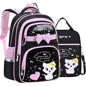 Girls Backpack 16 Inch Cute Cat Backpack for Girls Princess Bowknot Backpack with Lunch Bag for Primary Students