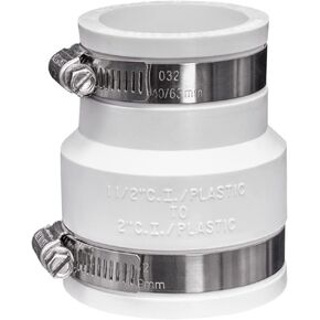 Fernco 1056-215 Reducing 2-in. x 1-1/2-in. Flexible PVC Pipe Coupling for Cast Iron and Plastic Plumbing Connections in White