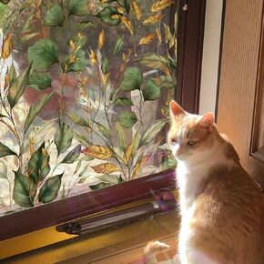 Window Film Decorative Watercolor Summmer Window Clings, Double-Sided Tropical Rainbow Window Privacy Film for Glass Window Door, Laser Golden Green Leaves Window Stickers 16.92"X39.37"