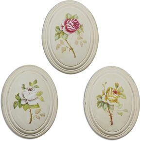 CVHOMEDECO. Primitive Retro Hand Painted Oval Wooden Frame Wall Hanging 3D Painting Decoration Art, Rose Flower Design, 6-3/4 x 8-3/4 Inch, Set of 3.