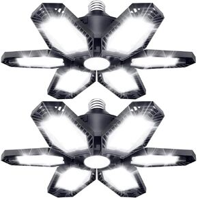 TANBABY 2 Pack LED Garage Lights, Total 30000LM Deformable Best Garage Light Ceiling LED Shop Lights, 150W E26/E27 LED Light Garage Lighting with 6+1 Adjustable Panels Garage Bulb for Basement, Attic