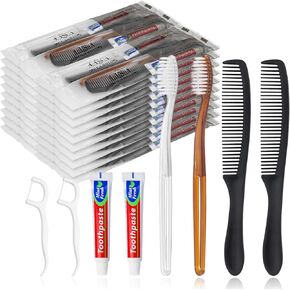 20pcs Disposable Toothbrushes with Toothpaste and Comb Floss Individually Wrapped,4-in-1 Bulk Toothbrush Kit with 2 Color Toothbrush,10 grams Toothpaste,7 inch Comb,Floss Pick for Homeless,Hotel