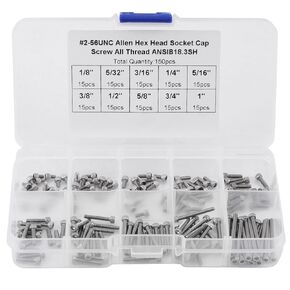 150PCS Socket Head Screws #2-56 UNC Hex Socket Screws Assortment Kit with Transparent Case