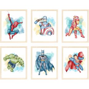 Nistio® Superhero Wall Decor, Superhero Wall Art for Boys Bedroom, Avengers Prints, Set of 6 Prints, Iron Man, Spiderman, Captain America, Hulk, Batman, Superman, Unframed, 8x10 inches