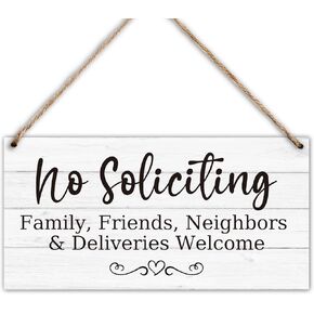 Wood Hanging Decor Sign, No Soliciting, Welcome Friend Family Neighbor, Rustic Wood Front Door Plaque Wall Art Decor Gift, 10" x 5" Wood Decor Hanging Sign for Porch Yard Garden Home Farmhouse-03