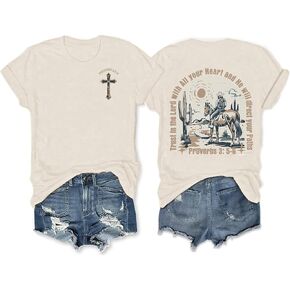 OUNAR Country Music Shirts for Women Western Cowboy Graphic Tshirt Proverbs Bible Verse Short Sleeve Tees Tops