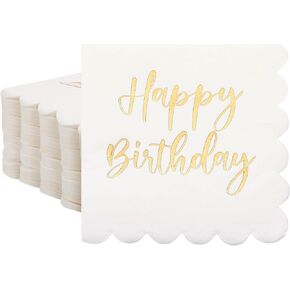 Qilery 100 Pack Happy Birthday Napkins Bulk, Scalloped Disposable Cocktail Napkins White and Gold Birthday Napkins 2 Ply Paper Napkins for Birthday Party Supplies, 5 x 5 Inch