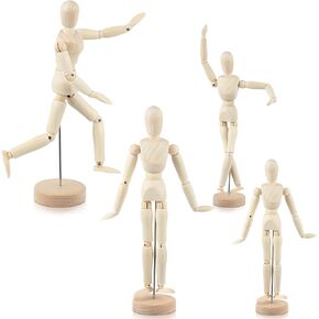 Hiboom 4 Pcs 12 Inch Posable Wooden Mannequin Figure Wood Human Model Drawing Figure Model Articulated Artists Manikin with Base and Flexible Body for Sketching Painting Christmas Desk Decoration