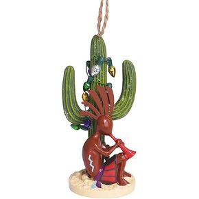 Kokopelli in Saguaro Cactus with Lights Resin Christmas Holiday Ornament