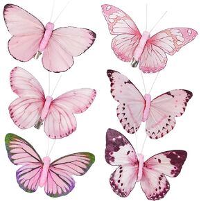YCHTEWY-Feather Fake Butterfly for Craft Decoration Set of 12 with Clip Pink Wedding Home Flower Pot Christmas Party Spring Home Decor Floral