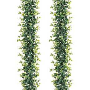 Faux Eucalyptus Garland Plant, 2 Pack Artificial Vines Hanging Eucalyptus Leaves Greenery Garland for Wedding Backdrop Arch Wall Decor, 5.6 Feet/pcs UV Protected Indoor Outdoor