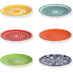 Annovero Dinner Plates, Large Colorful Cute Decorative Porcelain Dinnerware for Salad, Pasta, Serving Dishes for Entertaining, Microwavable, 10.5 Inch Diameter, Set of 6