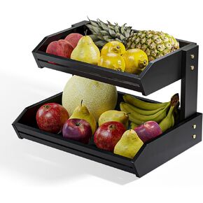 سلة فواكه خشبية من HOLANA Acacia - وعاء فواكه من طبقتين لطاولة المطبخ، كبير 14x10 بوصة، Fruteros Para Cocina، تخزين الفواكه والخضروات (طبقتان)