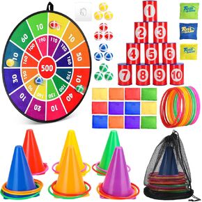 3 Sets Carnival Games Combo Set, Dart Board with Balls Plastic Cones Ring Bean Bags Toss Game Can Bean Bag Toss Game for Boys Girls Adults Family Birthday Party Carnival Yard Indoor and Outdoor Games