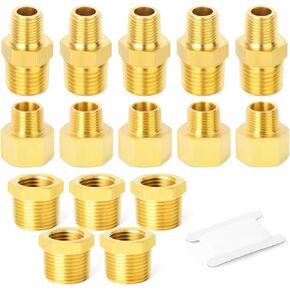 GASHER 15PCS Brass Pipe Fitting, Hex Bushing, Reducer Adapter, Reducing Hex Nipple 1/8 Inch NPT x 1/4 Inch NPT
