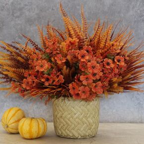 16 Bundles Artificial Flowers Mums for Outdoors, UV Resistant Fake Fall Flowers Decoration Plastic Faux Plants for Garden Window Porch Balcony Fall Wedding Thanksgiving Decor (Brown Orange)