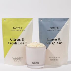 NOTES Sustainable Candle Kit | Non-Toxic Fragrance, Natural Wax Beads, Wick, and a refillable Vessel - Bamboo & Water Lily + Violet & White Iris