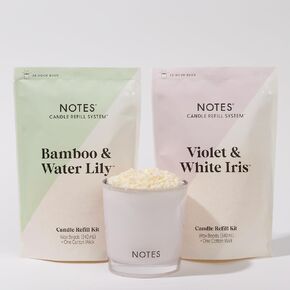 NOTES Sustainable Candle Kit | Non-Toxic Fragrance, Natural Wax Beads, Wick, and a refillable Vessel - Bamboo & Water Lily + Violet & White Iris