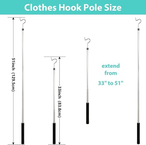Closet Reacher Pole with Hook， 51 Inch 4PC Clothes Hook Pole with Long Sponge Handle Stainless Steel Pipe Lightweight Sturdy Pole wth Hook for Reaching Hanging Birdfeeder Outdoor in Saudi Arabia
