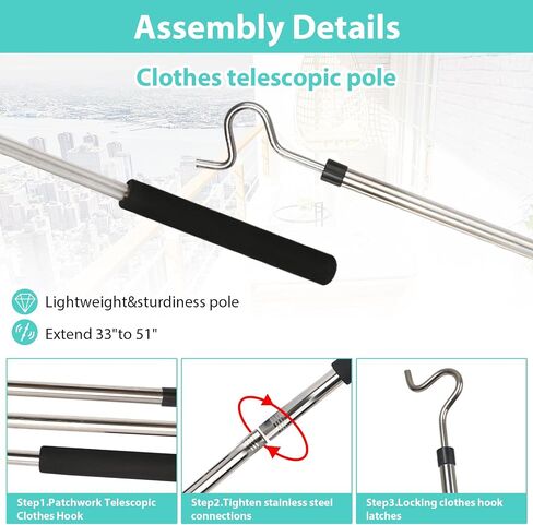 Closet Reacher Pole with Hook， 51 Inch 4PC Clothes Hook Pole with Long Sponge Handle Stainless Steel Pipe Lightweight Sturdy Pole wth Hook for Reaching Hanging Birdfeeder Outdoor in Saudi Arabia