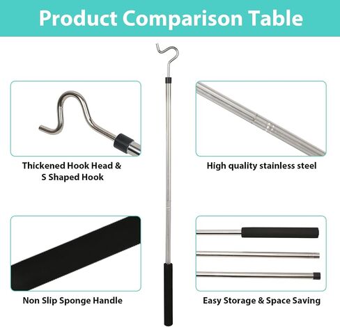 Closet Reacher Pole with Hook， 51 Inch 4PC Clothes Hook Pole with Long Sponge Handle Stainless Steel Pipe Lightweight Sturdy Pole wth Hook for Reaching Hanging Birdfeeder Outdoor in Saudi Arabia