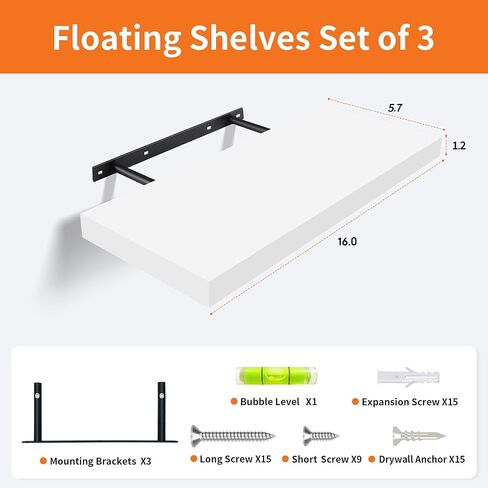 أرفف عائمة بيضاء لمجموعة الحائط المكونة من 3 قطع، أرفف حائط خشبية بيضاء لغرفة المعيشة والمطبخ وغرفة النوم وتخزين الحمام - رف كتب مقاس 16 بوصة لديكور الحائط وديكور المنزل والمزرعة in Kuwait