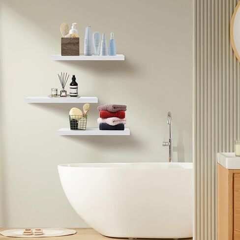 أرفف عائمة بيضاء لمجموعة الحائط المكونة من 3 قطع، أرفف حائط خشبية بيضاء لغرفة المعيشة والمطبخ وغرفة النوم وتخزين الحمام - رف كتب مقاس 16 بوصة لديكور الحائط وديكور المنزل والمزرعة in Kuwait