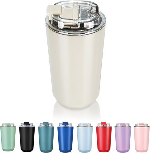 Puraville Insulated Tumblers with Lid, 14 oz Travel Coffee Mug Stainless Steel Vacuum Thermos Cup, 10/14 oz Leak Proof Reusable Double Walled Coffee Tumbler for Iced and Hot Drinks,Cream in Saudi Arabia
