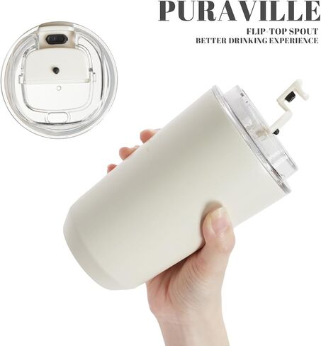 Puraville Insulated Tumblers with Lid, 14 oz Travel Coffee Mug Stainless Steel Vacuum Thermos Cup, 10/14 oz Leak Proof Reusable Double Walled Coffee Tumbler for Iced and Hot Drinks,Cream in Saudi Arabia