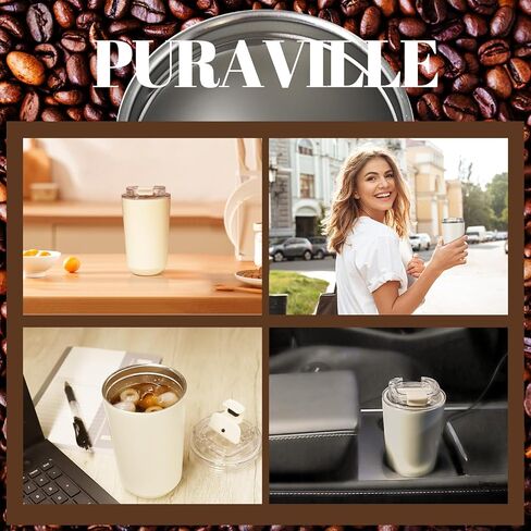 Puraville Insulated Tumblers with Lid, 14 oz Travel Coffee Mug Stainless Steel Vacuum Thermos Cup, 10/14 oz Leak Proof Reusable Double Walled Coffee Tumbler for Iced and Hot Drinks,Cream in Saudi Arabia