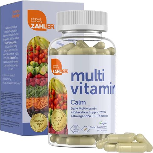 Zahler - Daily Multivitamin Calm Supplement with Ashwagandha and L-Theanine (60 Capsules) Certified Kosher Vegan Friendly Relaxation Support with Vitamin C D A E K2 B6 B12 Magnesium Iron Zinc in Saudi Arabia