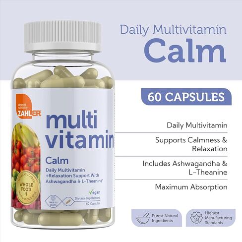 Zahler - Daily Multivitamin Calm Supplement with Ashwagandha and L-Theanine (60 Capsules) Certified Kosher Vegan Friendly Relaxation Support with Vitamin C D A E K2 B6 B12 Magnesium Iron Zinc in Saudi Arabia