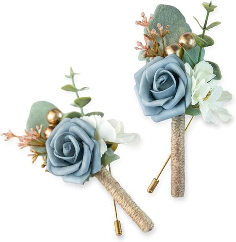Boutonniere for Men Wedding, Groom Groomsman Artificial Rose Flowers for Wedding Anniversary Celebration,Prom,Party,Home Decoration Set of 2 (Dusty Blue) in Saudi Arabia