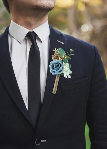 Boutonniere for Men Wedding, Groom Groomsman Artificial Rose Flowers for Wedding Anniversary Celebration,Prom,Party,Home Decoration Set of 2 (Dusty Blue) in Saudi Arabia