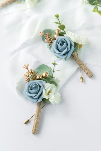 Boutonniere for Men Wedding, Groom Groomsman Artificial Rose Flowers for Wedding Anniversary Celebration,Prom,Party,Home Decoration Set of 2 (Dusty Blue) in Saudi Arabia