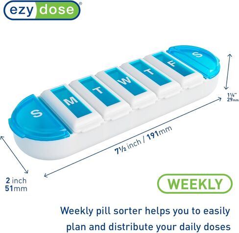 علبة حبوب الدواء الأسبوعية (7 أيام) من إيزي دوز، مخطط الأدوية، منظم الفيتامينات، مقصورات قاعدة مستديرة، مريحة وسهلة الاستخدام، قد يختلف اللون، خالية من مادة BPA in Kuwait