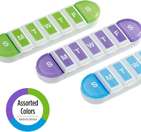 علبة حبوب الدواء الأسبوعية (7 أيام) من إيزي دوز، مخطط الأدوية، منظم الفيتامينات، مقصورات قاعدة مستديرة، مريحة وسهلة الاستخدام، قد يختلف اللون، خالية من مادة BPA in Kuwait