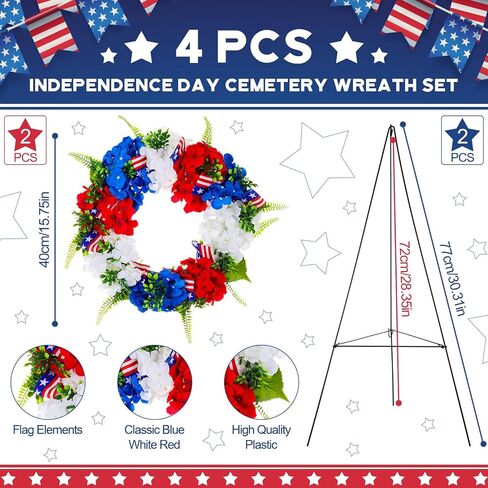 Crowye 2 Sets 4th of July Cemetery Wreath Set 2 Pcs 15.75in Patriotic Gravestone Wreath 2 Pcs 30 in Easel Stand Cemetery Wreath Stand Headstone Wreath Grave Wreath for Memorial Independence Day in Saudi Arabia